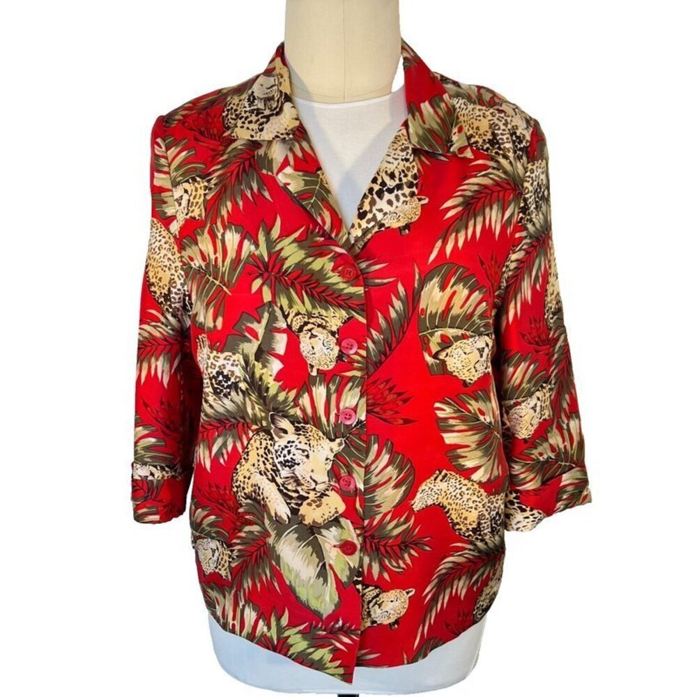Silkland - Women's 2X Blazer Dinner Jacket Red Leopard Jungle Print Silk 3/4 Slv